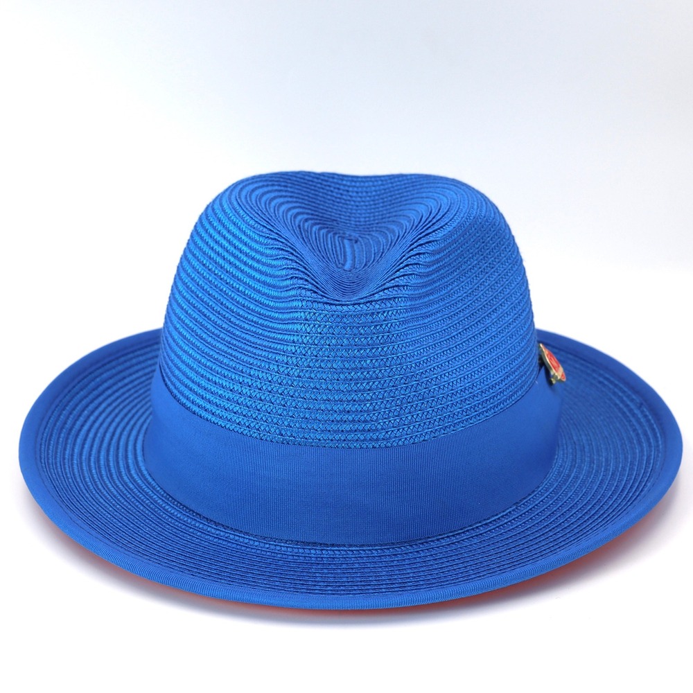 Montique Fedora Hat Mens M Cobalt Blue Red Brim Braided H-76 Formal Summer NWT